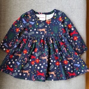 Hanna Andersson Festive Navy Dress with Reindeer and Floral Design